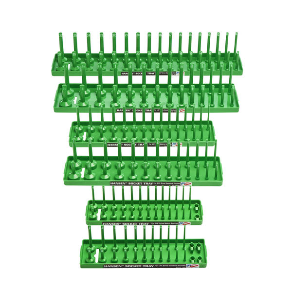 Hansen Metric and Fractional Socket Tray Set for 1/2", 1/4" and 3/8" Drive Sockets, Green, 6 Pieces 92001